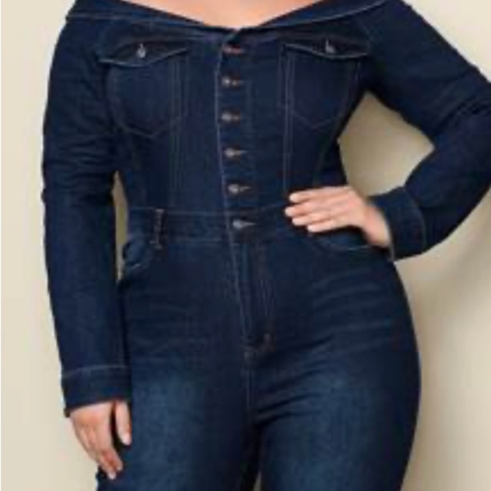 Plus Size Off-The-Shoulder Denim Jumpsuit